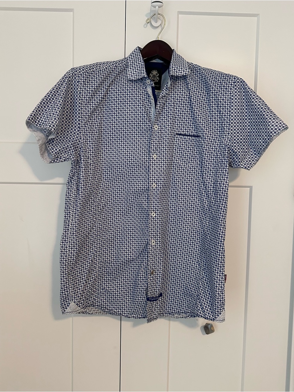 English Laundry Short-Sleeve Navy and White Geometric Button-Down Shirt